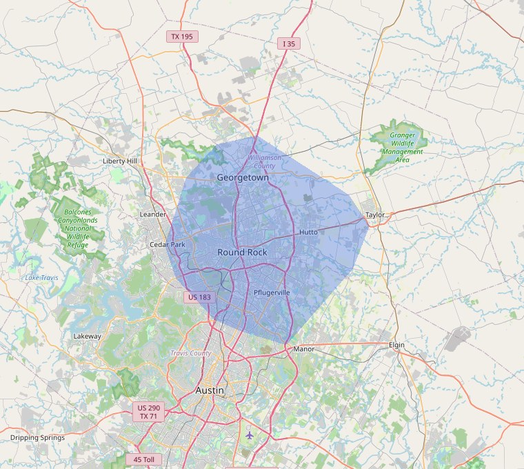 Map of a 15-mile driving range around Round Rock, TX.